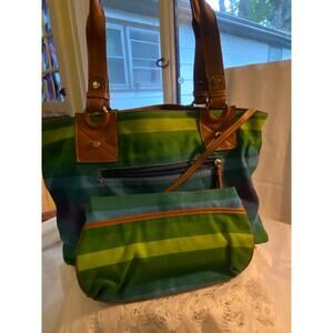 Liz Claiborne Medium Tote Bag Purse in Blue & Green stripes. Pouch incl'd. NWT